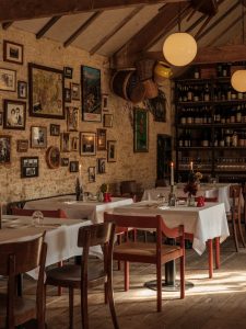 Da Costa restaurant interior with wooden tables, white tablecloths, framed wall art, and shelves of wine bottles under warm lighting.