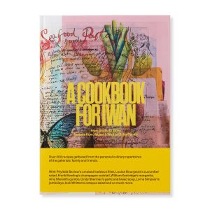 Front cover of A Cookbook for Iwan – a pink backdrop with illustrations and scribbled writing, with the name printed in bold yellow.